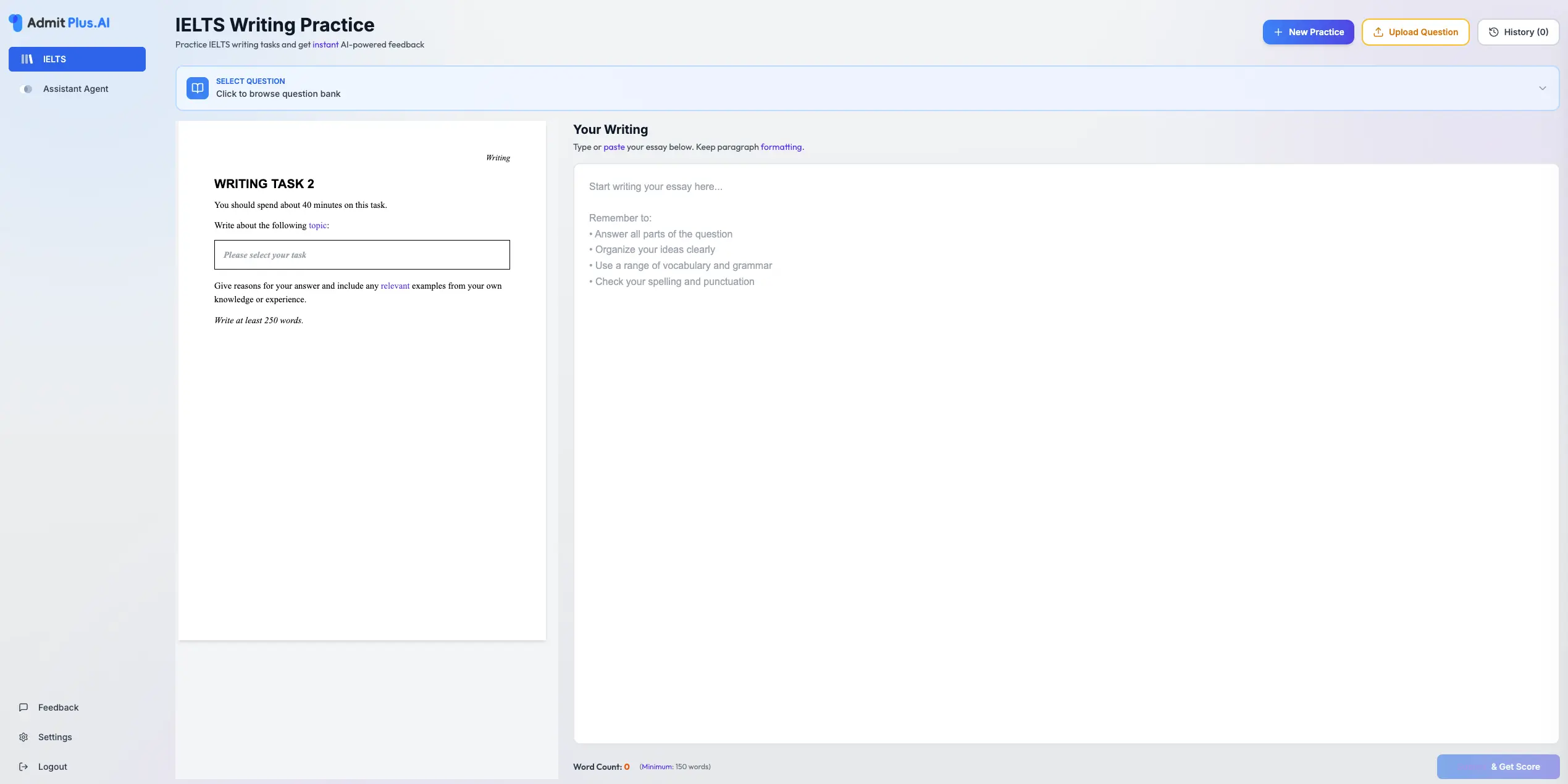 IELTS Writing Practice with AI feedback and band score breakdown